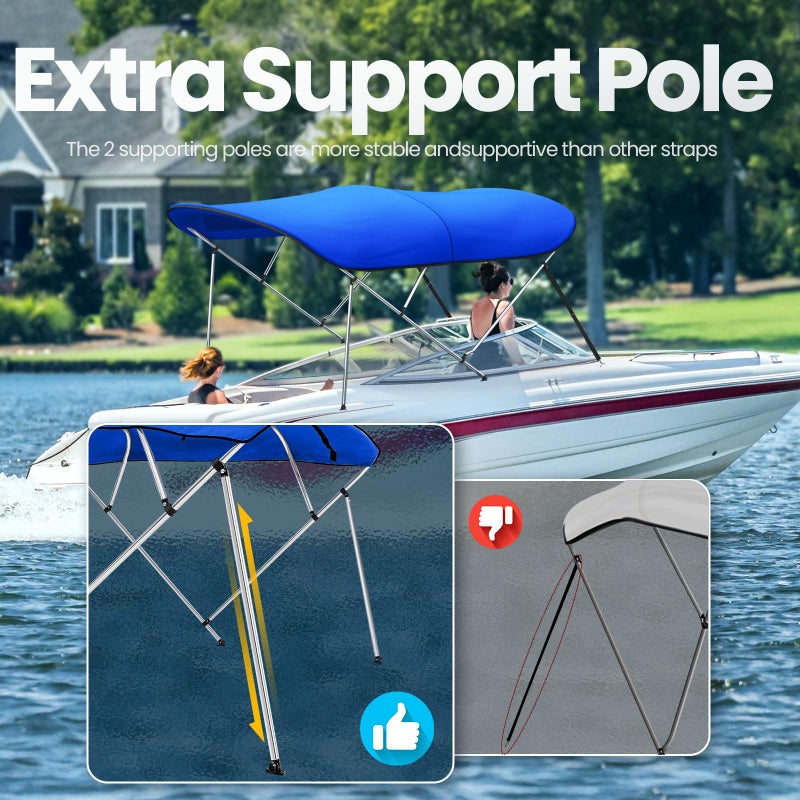 Kingbird KING BIRD 3-4 Bow Bimini Boat Top Cover Sun Shade Boat Canopy Waterproof 1 Inch Stainless Aluminum Frame 46" Height with Rear Support Poles and Storage Boot 6 Colors -11 Sizes - Image 4